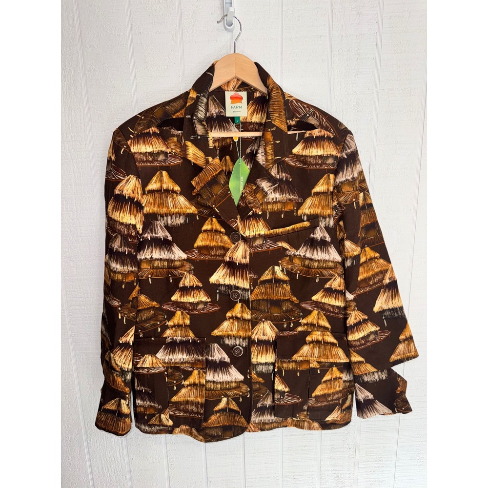 Farm Rio Shuhu Brown Cut Out Blazer Women Brown Straw Hut Print Large NEW